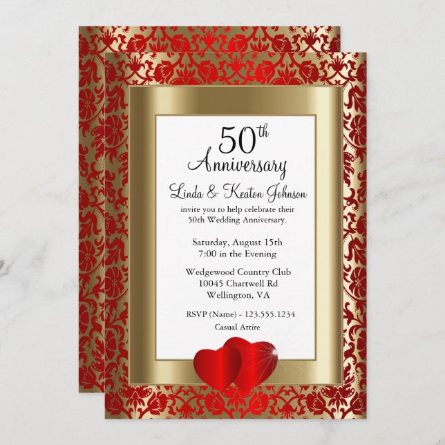 50th Golden and Red Wedding Anniversary | DIY Text Invitation (Front/Back)