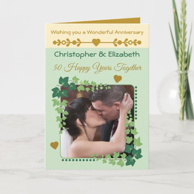 50th Golden Anniversary photo green gold Card (Front)