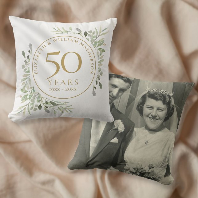 50th Golden Anniversary Photo Watercolour Greenery Cushion (Creator Uploaded)
