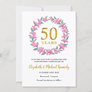 50th Golden Anniversary Pink Floral Wreath Save The Date