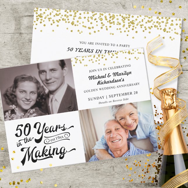 50th Golden Anniversary Then & Now Photos Confetti Invitation (Creator Uploaded)