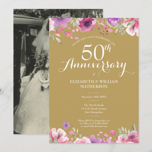 50th Golden Anniversary Wedding Photo Floral Roses Invitation (Front/Back)