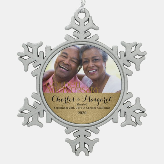 50th Golden Anniversary with Names Snowflake Pewter Christmas Ornament (Front)