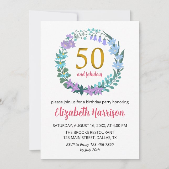50th Golden Birthday Party Floral Wreath Bluebells Invitation (Front)