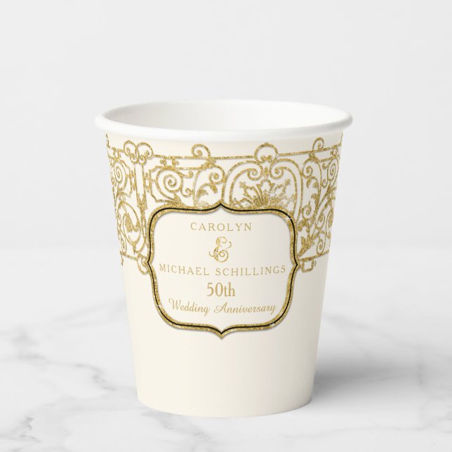 50th Golden Fiftieth Anniversary Gold Glitter  Paper Cups (Front)