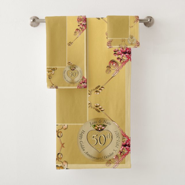 50th Golden Ochre Wedding Anniversary Bath Towel  (Insitu)