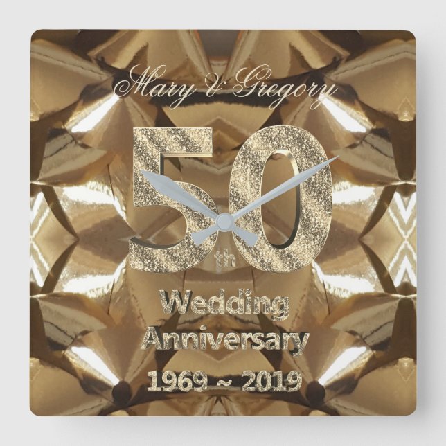 50th Golden Wedding Anniversary 2019 Typography Square Wall Clock (Front)