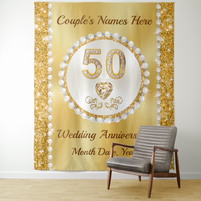 50th, Golden Wedding Anniversary Backdrop, 5 SIZES Tapestry (In Situ)