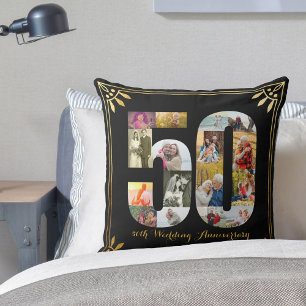 50th Golden Wedding Anniversary Black & Gold Photo Cushion