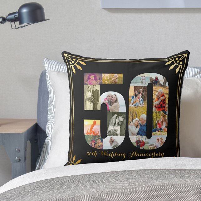50th Golden Wedding Anniversary Black & Gold Photo Cushion (Creator Uploaded)