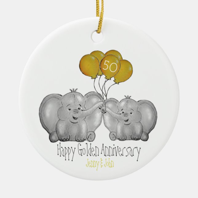 50th Golden Wedding Anniversary cute elephant Ceramic Ornament (Front)