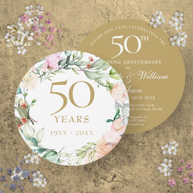 50th Golden Wedding Anniversary Floral Circular Invitation (50th Golden Wedding Anniversary Floral Circular Invitation)