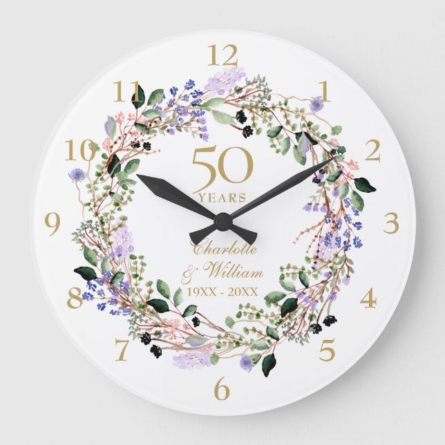 50th Golden Wedding Anniversary Floral Large Clock (Front)