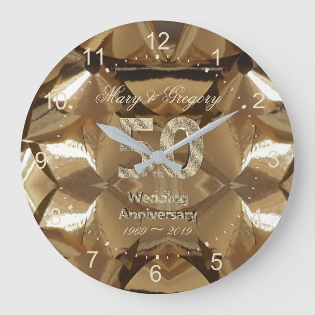 50th Golden Wedding Anniversary Gift Elegant Gold Large Clock (Front)