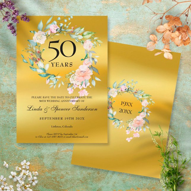 50th Golden Wedding Anniversary Gold Foil Floral Save The Date (Creator Uploaded)