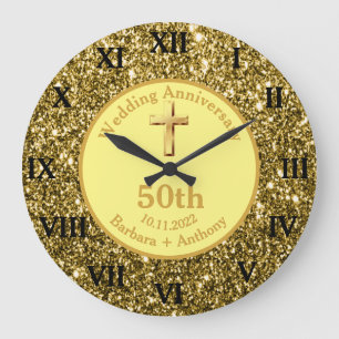 50th Golden Wedding Anniversary Gold Religious Lar Large Clock