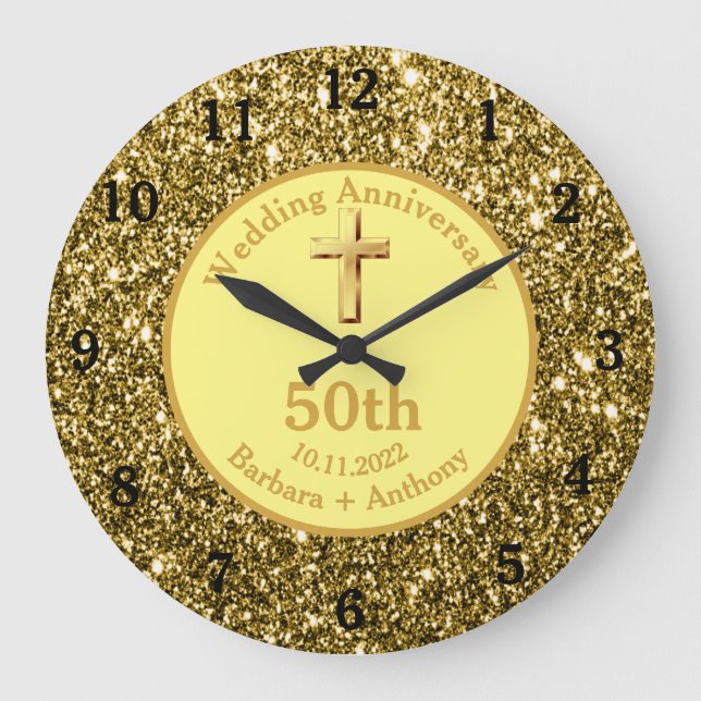 50th Golden Wedding Anniversary Gold Religious Lar Large Clock (Front)