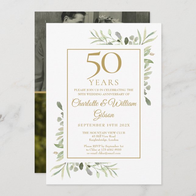50th Golden Wedding Anniversary Greenery 2 Photo Invitation (Front/Back)