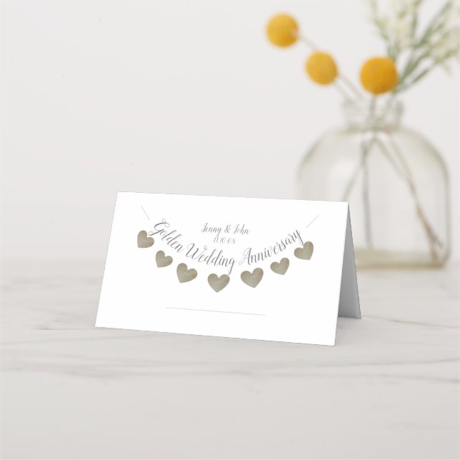 50th Golden Wedding Anniversary heart bunting Place Card (Front)