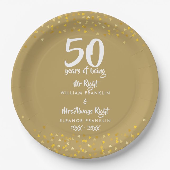 50th Golden Wedding Anniversary Mr Mrs Right Fun Paper Plate (Front)