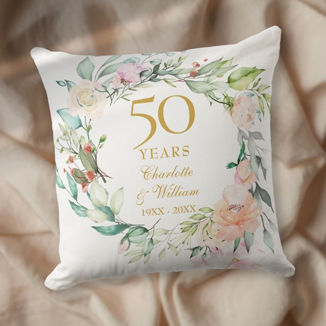 50th Golden Wedding Anniversary Photo Roses Floral Cushion (50th Golden Wedding Anniversary Photo Roses Floral Throw Pillow)