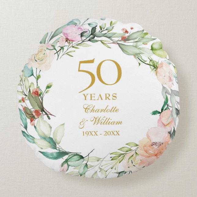 50th Golden Wedding Anniversary Photo Roses Floral Round Cushion (Front)
