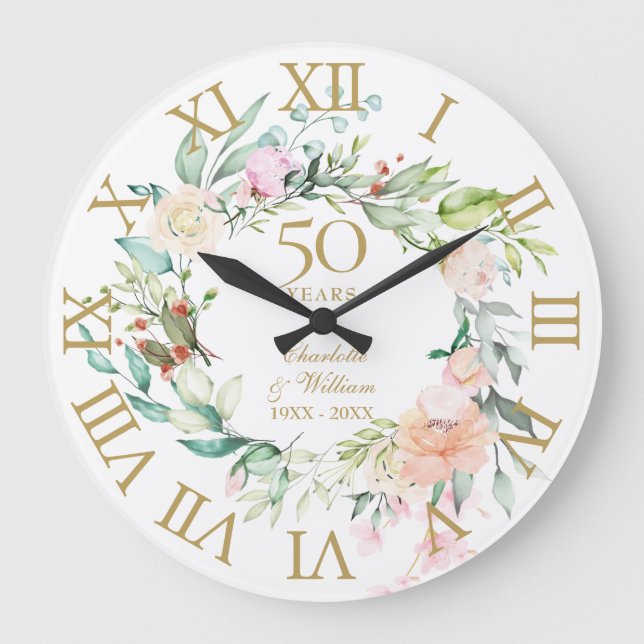 50th Golden Wedding Anniversary Roses Floral Large Clock (Front)