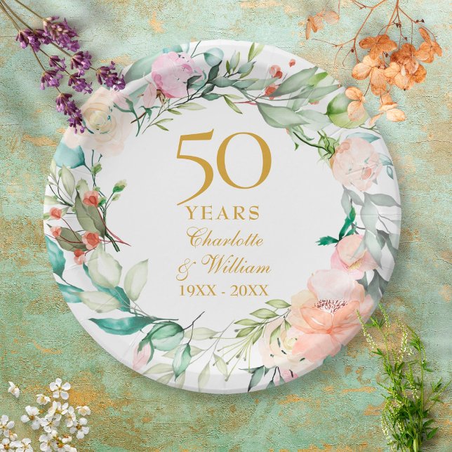 50th Golden Wedding Anniversary Roses Garland  Paper Plate (Creator Uploaded)