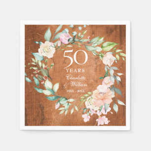 50th Golden Wedding Anniversary Rustic Wood Floral Napkin