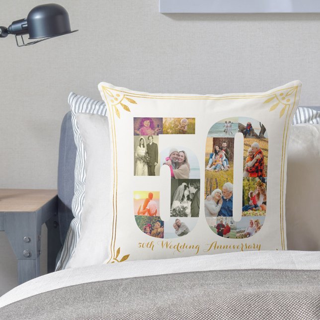 50th Golden Wedding Anniversary White & Gold Photo Cushion (Creator Uploaded)