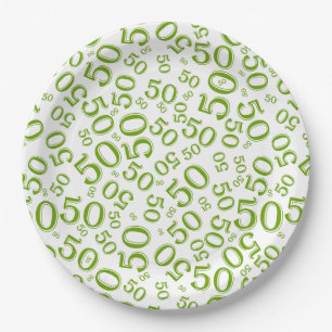 50th Green/White Random Number Pattern Paper Plate