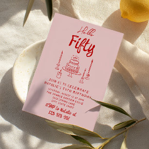 50th Hand Drawn Pink Red Cake Hello Fifty Birthday Invitation