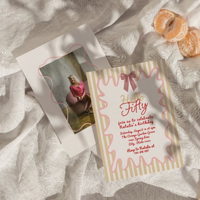 50th Hand Painted Bow Hello Fifty Photo Birthday Invitation (Creator Uploaded)
