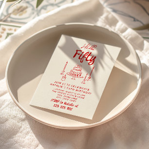 50th Hand Written Drawn Cake Hello Fifty Birthday Invitation