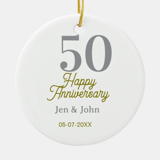 50th happy anniversary name date silver gold date  ceramic ornament (Front)