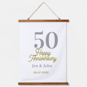 50th happy anniversary name date silver gold date  hanging tapestry