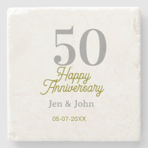 50th happy anniversary name date silver gold date stone coaster