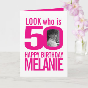 50th Happy Birthday 2 photos white pink Card