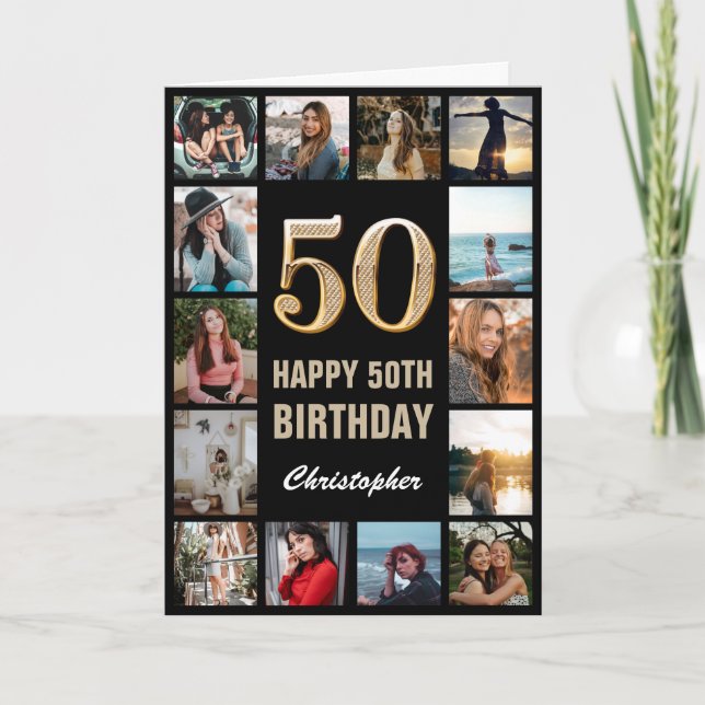 50th Happy Birthday Black and Gold Photo Collage Card (Front)