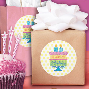 50th Happy Birthday Cake Yellow Dots Classic Round Sticker