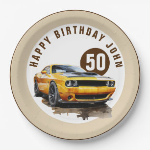 50th Happy Birthday Classic Muscle Car Paper Plate