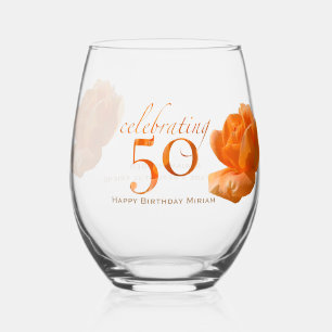50th happy birthday customise peach rose keepsake stemless wine glass