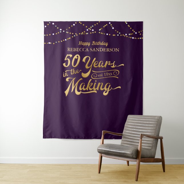 50th Happy Birthday Purple and Gold Photo Backdrop Tapestry (In Situ)