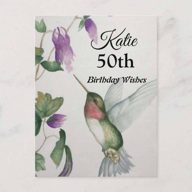 50th Hummingbird Garden Happy Birthday Postcard (Front)