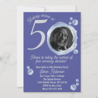 50th Indigo Blue Bubbles Birthday Party Invitation