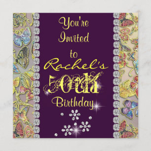 50TH inviitation YELLOW & PURPLE Women'S Birthday Invitation