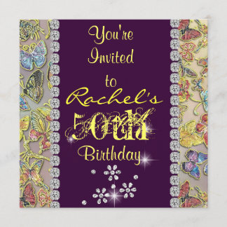 50TH inviitation YELLOW & PURPLE Women'S Birthday Invitation