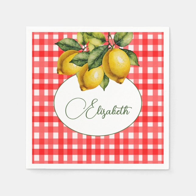50th Italian Lemon Botanical Red White Pattern Napkin (Front)