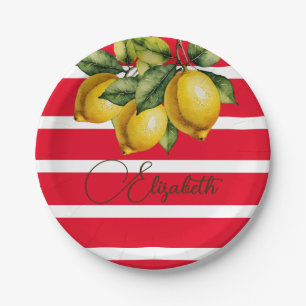 50th Italian Lemon Botanical Red White Stripe  Paper Plate