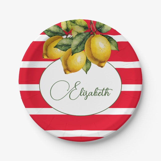 50th Italian Lemon Botanical Red White Stripe  Paper Plate (Front)